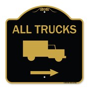 SIGNMISSION Trucks Sign All Trucks W/ Truck & Right Arrow, Black & Gold Aluminum Sign, 18" x 18", BG-1818-22782 A-DES-BG-1818-22782